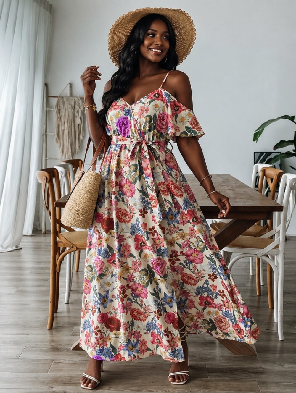 Shein Curve Floral Cold-Shoulder Maxi Dress